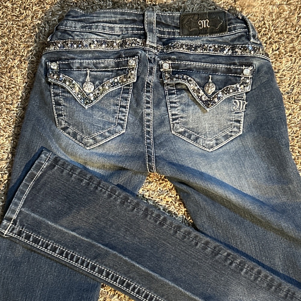 Miss Me Mid-Rise Straight Leg Size 24 Denim Jeans Y2K Bling Sequin Flap Pockets